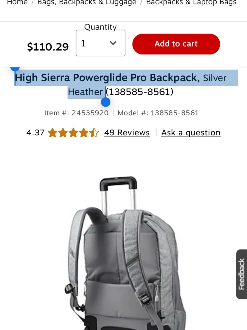 High Sierra Powerglide Pro Backpack, Silver Heather